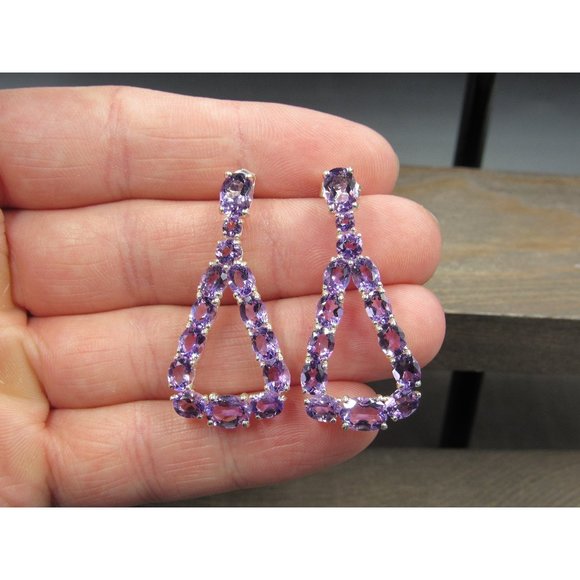 Sterling Silver Brilliant Triangle Shape Amethyst Gemstone Earrings - Picture 1 of 7